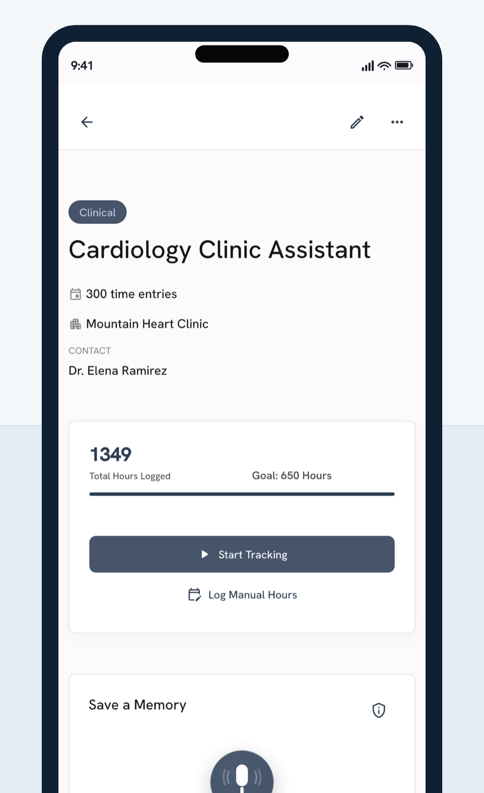 Embark activity detail showing a contact, total hours, and tracking controls for a sample clinical activity.