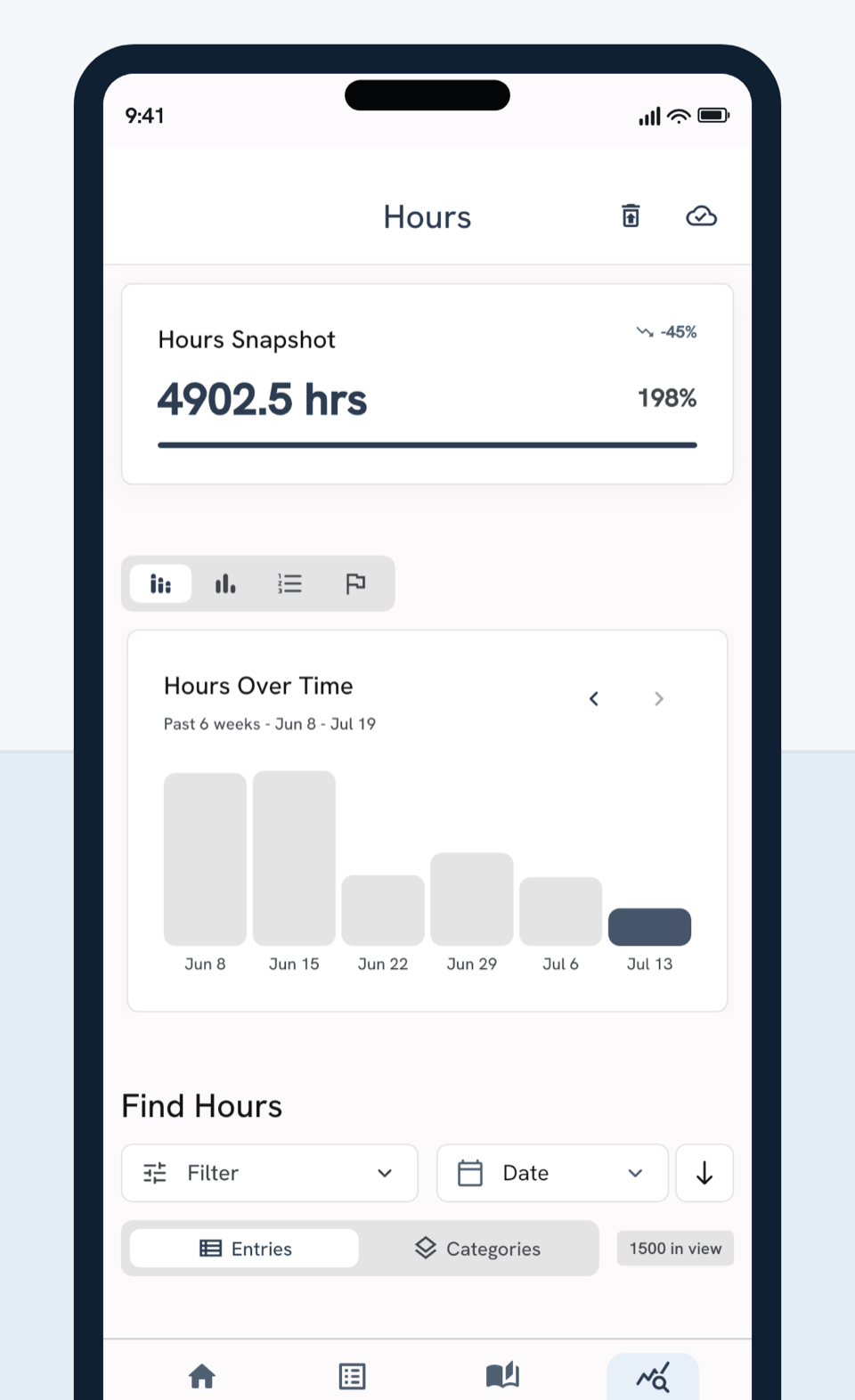 Embark Hours screen showing totals, trends, and recent time entries.