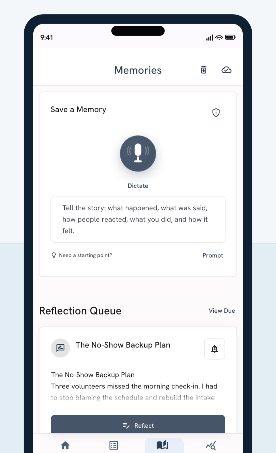 Embark Memories screen showing dictation and a reflection queue.